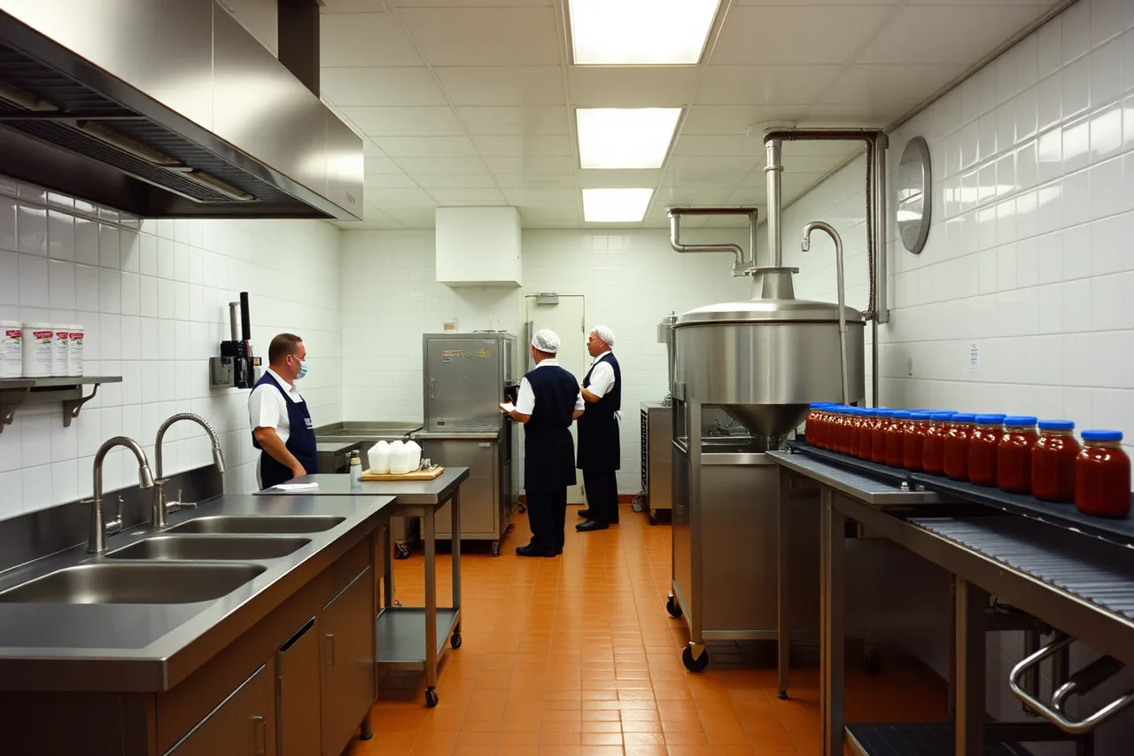 Commercial sauce kitchen with sinks, steam kettle, mixer, and jar filler (Co-packing or self-manufacturing in the US, compared on cost and capacity)