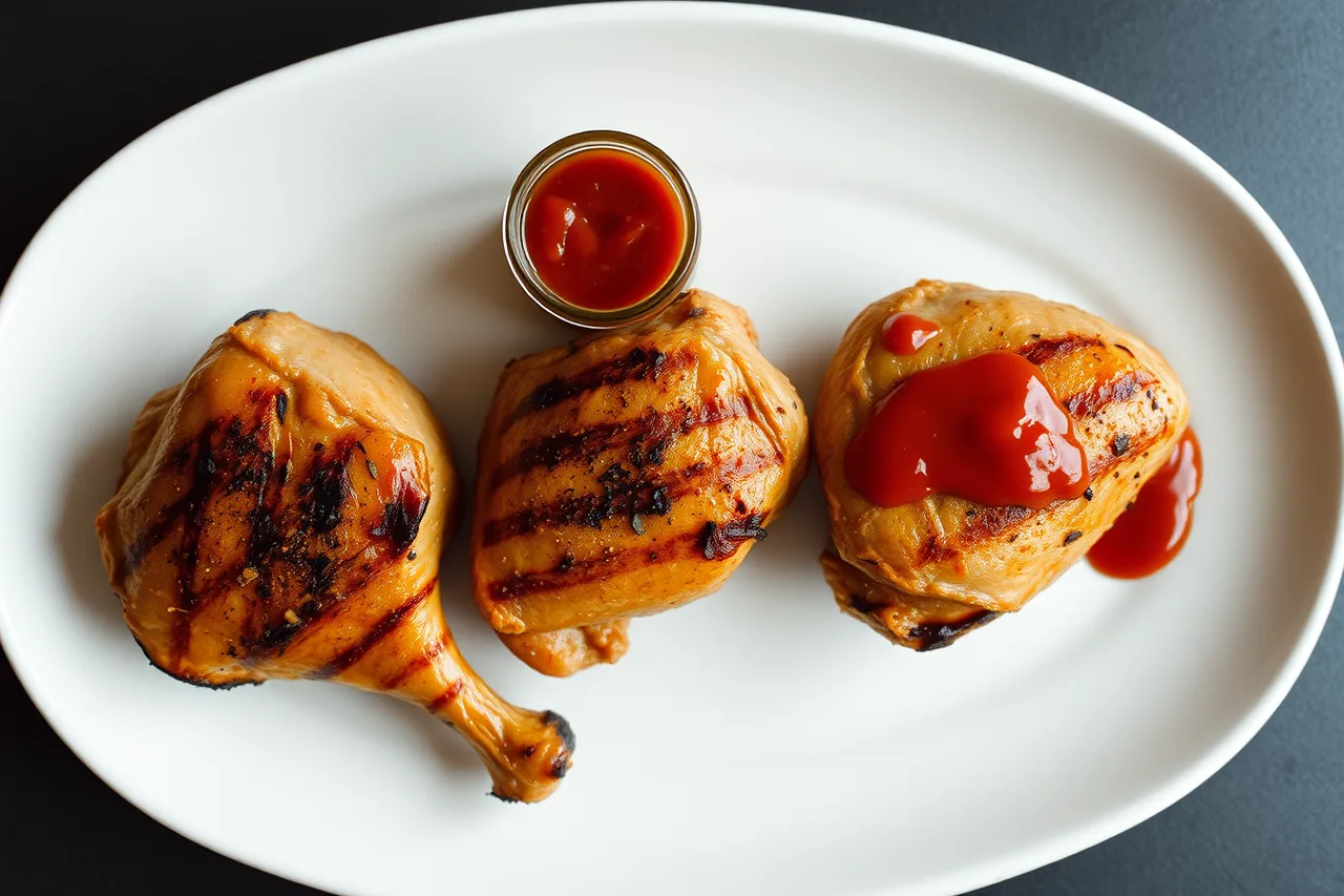 Grilled chicken thighs with an open jar of chili condiment (Independent brands, reviewed without the sales pitch)