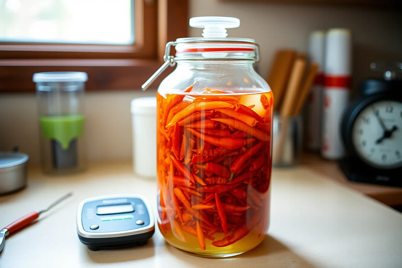 Glass jar of fermented chili pepper mash with airlock on a kitchen counter (Which states allow cottage food sales for American hot sauce makers, and where do they stop?)