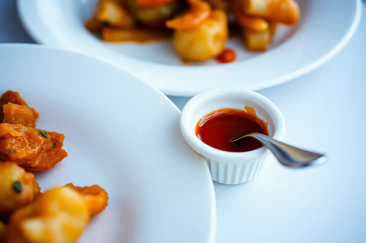 Small dish of hot sauce beside a plate with a spoon (Five ways to serve indie sauce brands without drowning the plate)