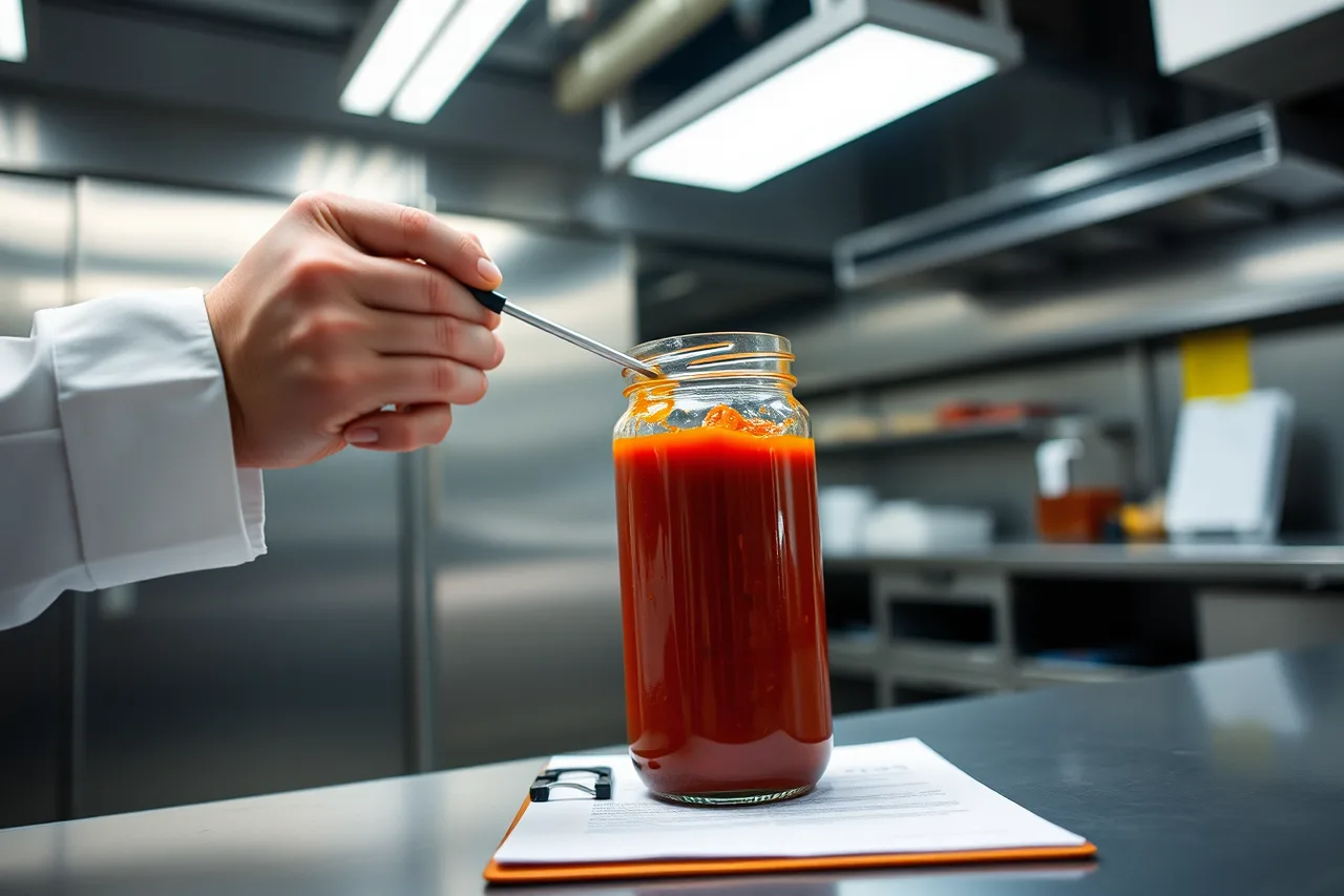 Process authority testing pH of a chili sauce batch (Turning a sauce recipe into a sellable small batch product, in order)