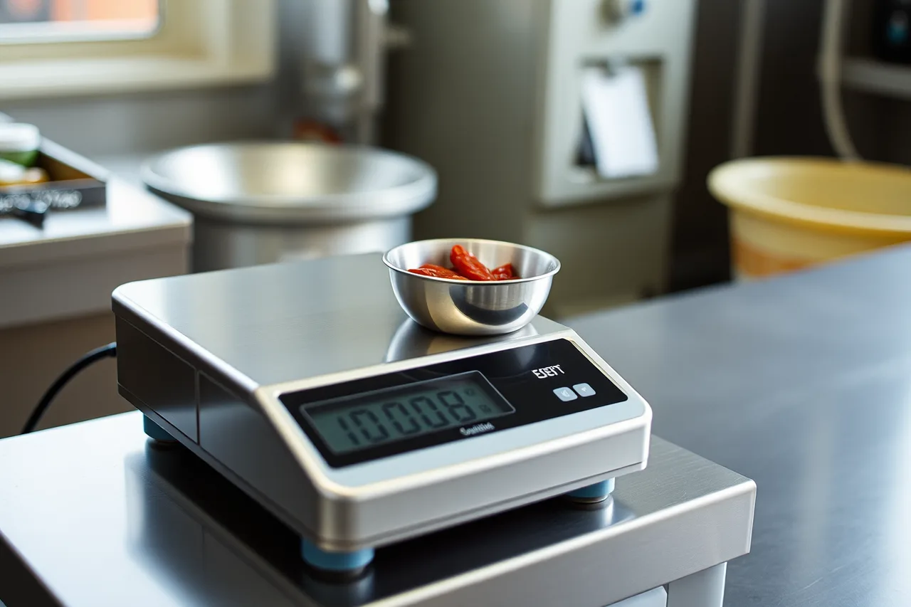 Digital bench scale weighing a bowl of chilli mash on a steel bench (Scales come first: judging what each hot sauce equipment purchase actually earns)