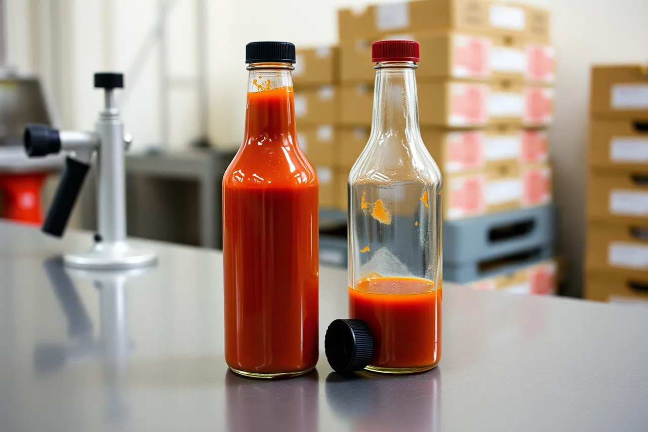 Standard hot sauce bottles and caps on a bottling bench with torque tester (Scales come first: judging what each hot sauce equipment purchase actually earns)
