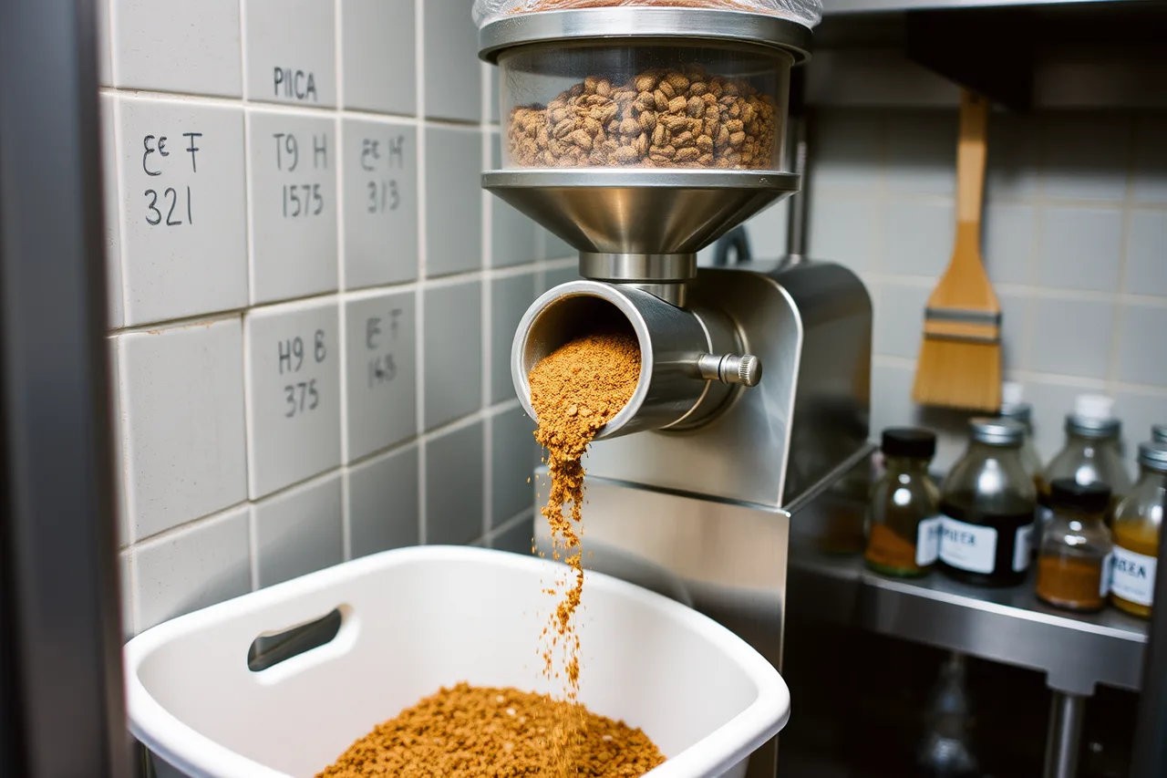 Stainless steel spice mill grinding whole spices into powder (Where does an independent spice blend actually come from, intake to jar?)