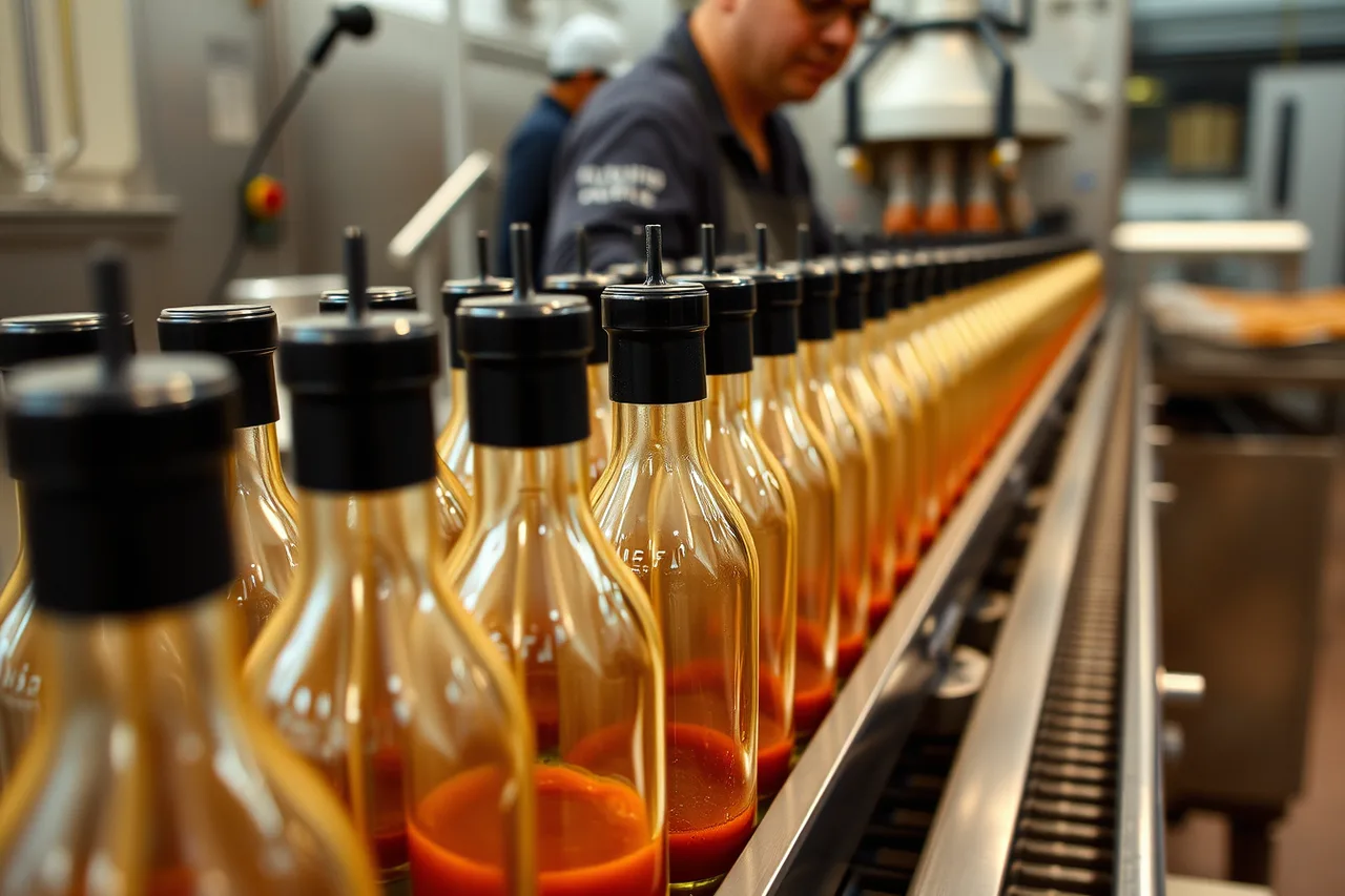 Empty glass hot sauce bottles on a stainless steel bottling conveyor (Behind an independent sauce brand sits a supply chain: growers, packer, bottle, label)