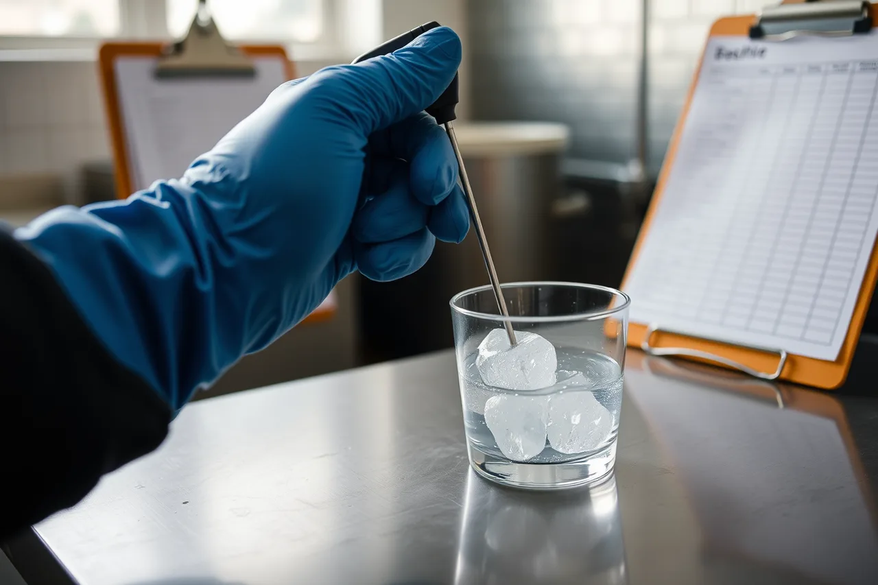 Thermometer probe checked in ice water on steel prep table (When does a small batch sauce production day actually start, and what happens first?)