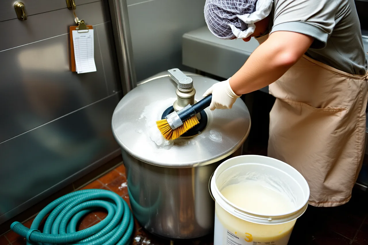 Worker scrubbing kettle valve and gasket during sanitation (When does a small batch sauce production day actually start, and what happens first?)