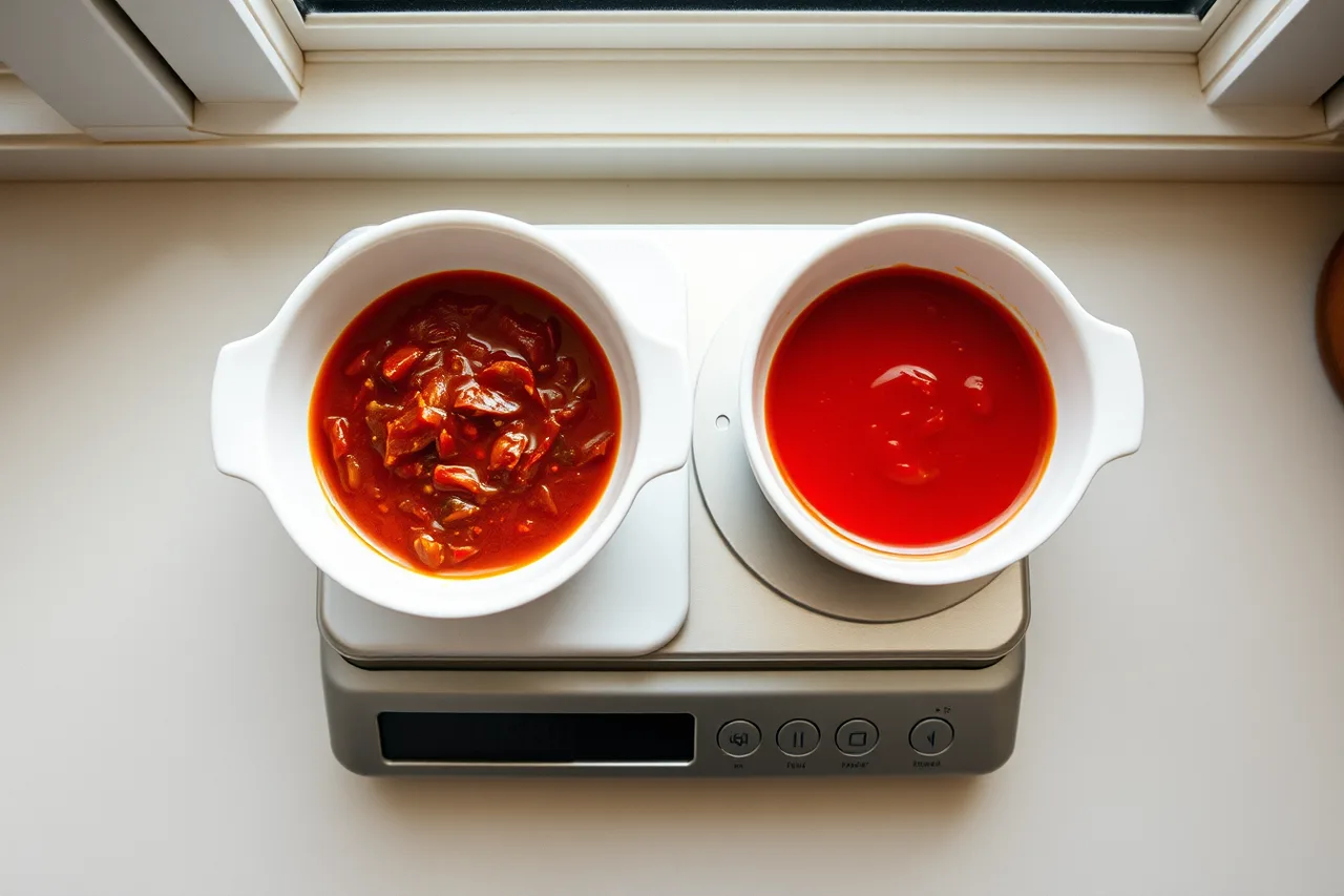 Digital scale weighing two identical white dishes of thick and thin sauce (Independent sauce brands, compared bottle by bottle rather than batch by batch)
