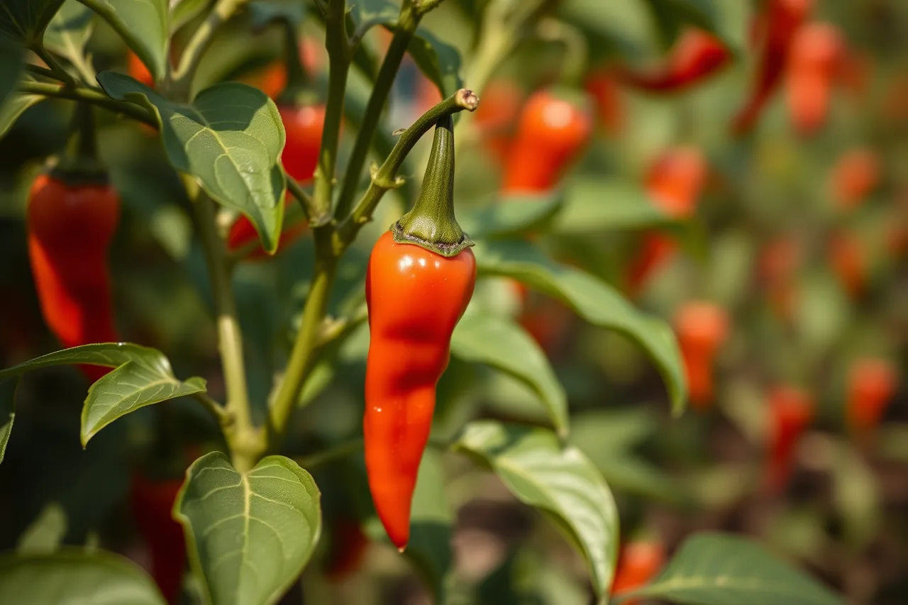 Small tapered Tabasco peppers growing upright on a green plant (How New Orleans pepper sourcing and seasonality shape Louisiana hot sauce)