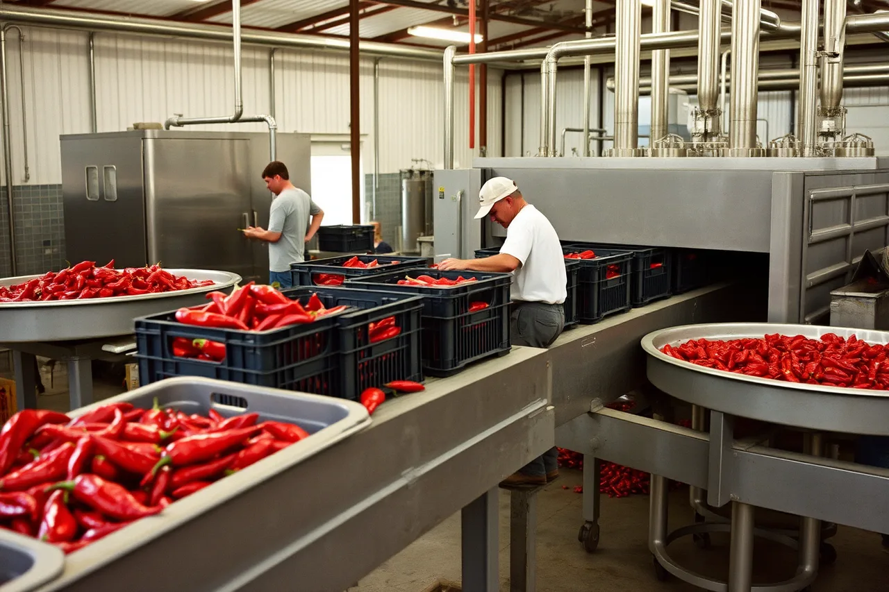 Workers unloading crates of fresh peppers at a processor (How New Orleans pepper sourcing and seasonality shape Louisiana hot sauce)