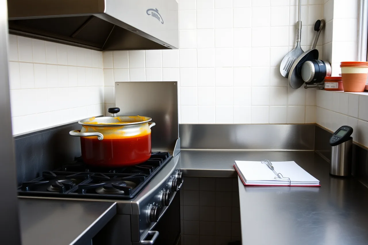 Commercial kitchen with stainless counters and a pot of hot sauce simmering (Ontario Farmers Market Hot Sauce: Permits, Labels and Records)