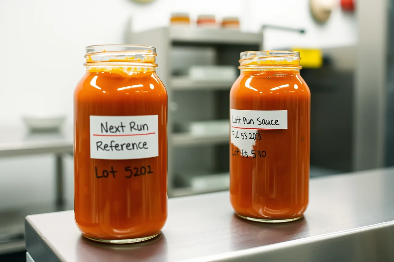 Two labeled hot sauce jars with lot codes and fill dates on a steel bench (One production-tasting checklist that catches sauce drift before customers do)