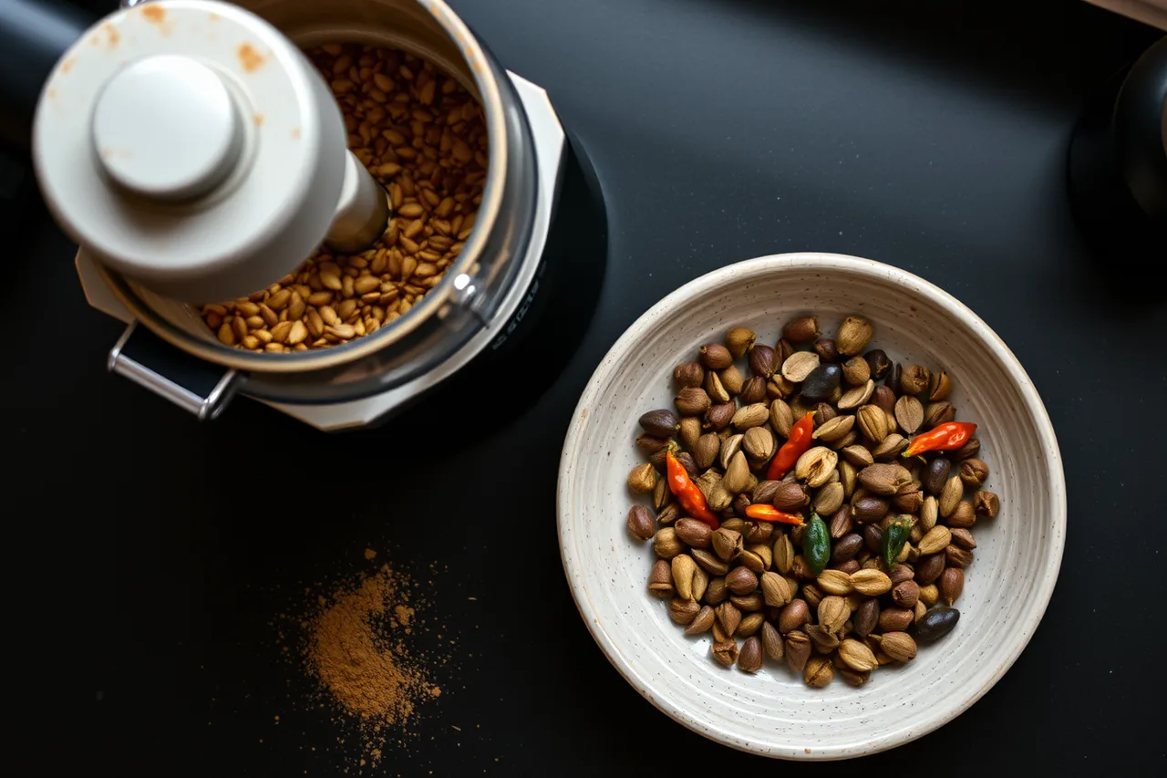 Whole spice blend next to freshly ground portion in a small grinder (Moisture, heat and light: what actually degrades a seasoning blend)