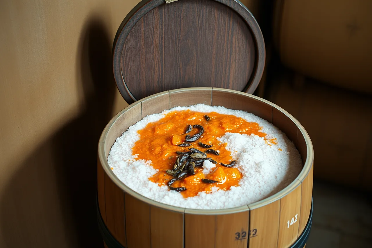 Oak barrel filled with aged red cayenne pepper mash (Texas vs Louisiana Hot Sauce: What Actually Differs?)